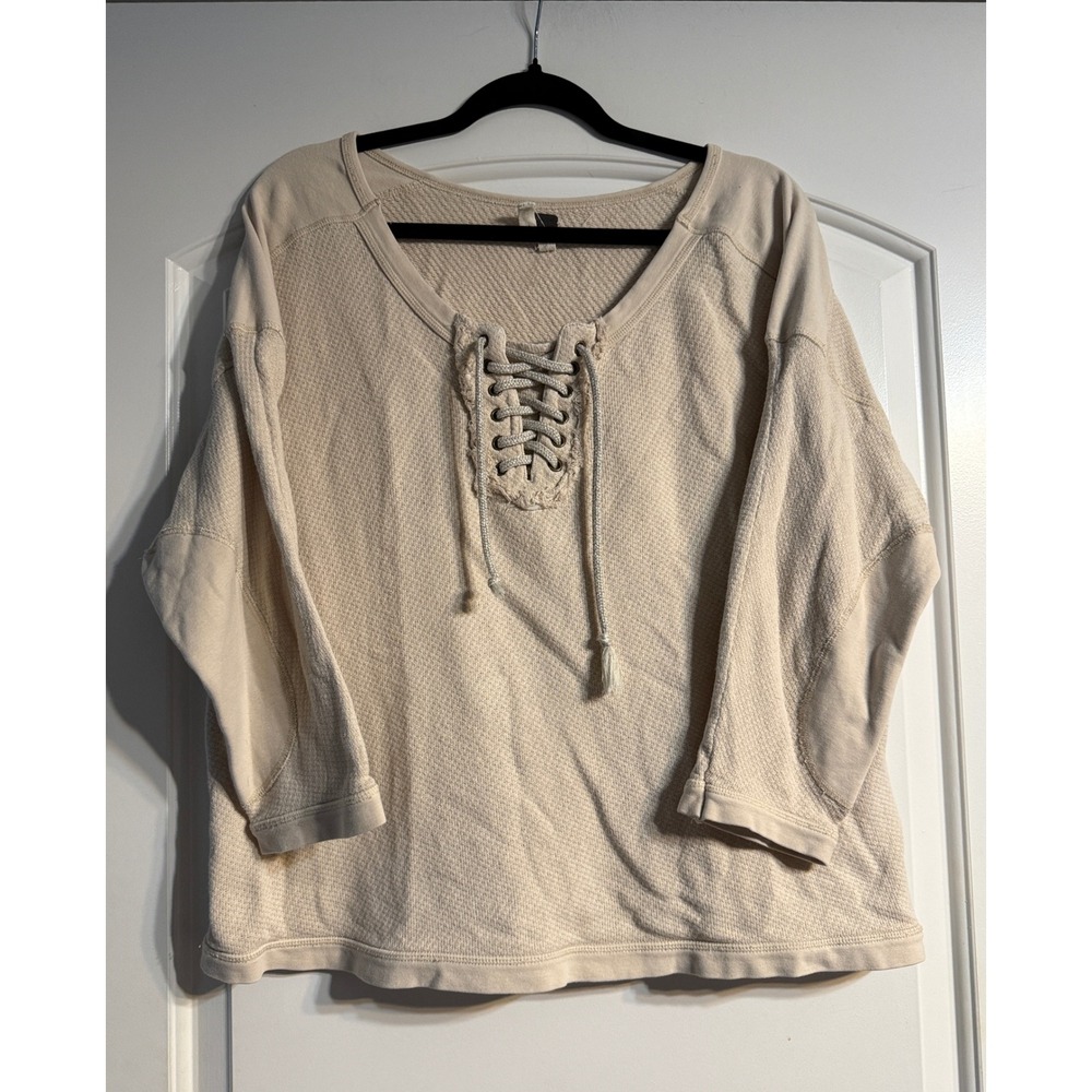 We The Free Lace Up Thermal XL Cream Waffle Knit Boho Top Gorpcore Free People